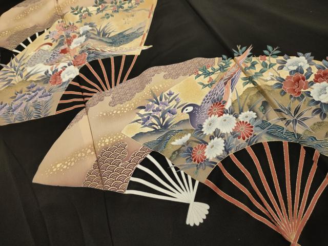 平和屋着物■豪華黒留袖 駒刺繍 扇面花鳥文 金彩 正絹 逸品 AABG1335sx