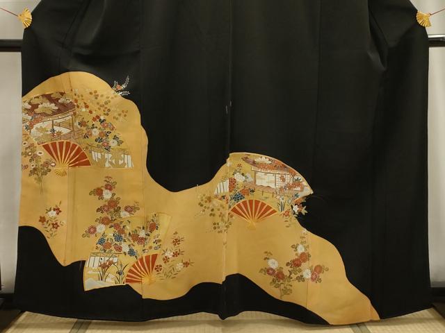 平和屋着物■豪華黒留袖 駒刺繍 扇面風景文 金彩 正絹 逸品 AABG1465sx