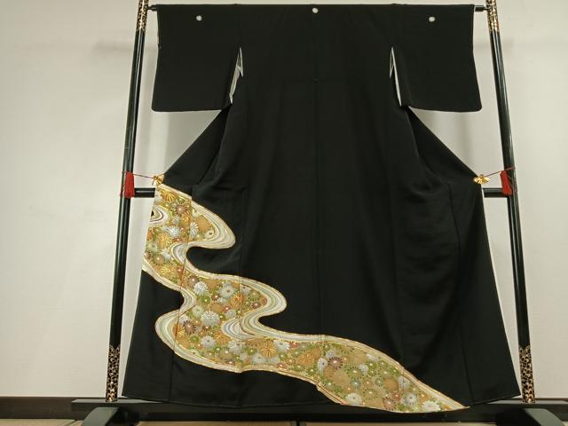 平和屋着物■豪華黒留袖 駒刺繍 流水花文 金銀彩 正絹 逸品 AABG1723fy