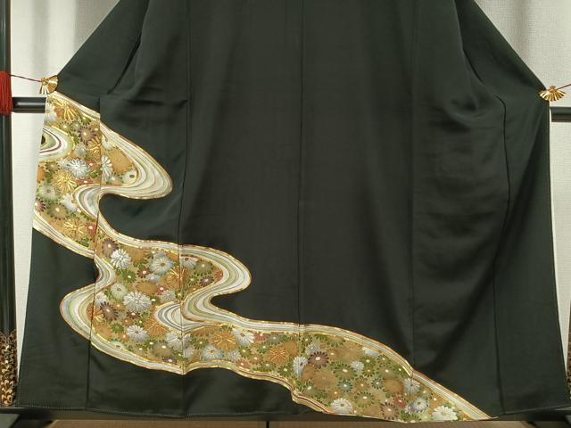 平和屋着物■豪華黒留袖 駒刺繍 流水花文 金銀彩 正絹 逸品 AABG1723fy