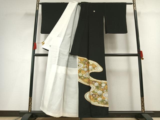 平和屋着物■豪華黒留袖 駒刺繍 流水花文 金銀彩 正絹 逸品 AABG1723fy