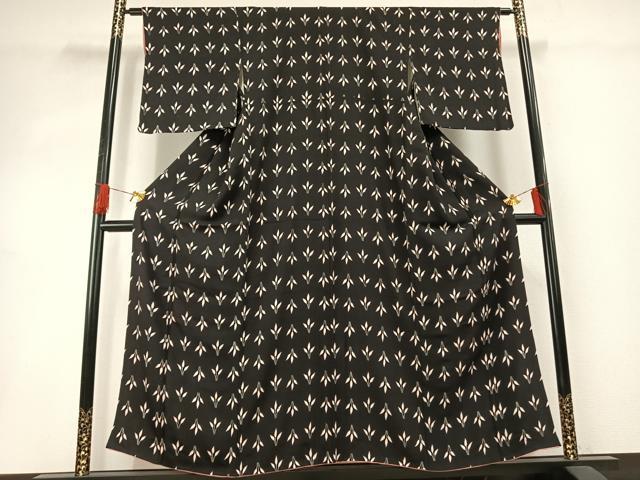 平和屋着物■上質な小紋 草葉文 黒地 正絹 逸品 AABG1855fy
