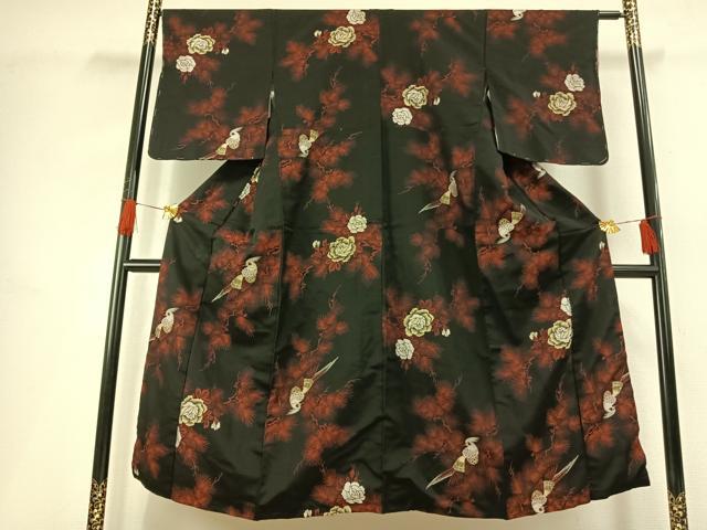 平和屋着物■上質なお召 花鳥文 黒地 正絹 逸品 AABG1860fy