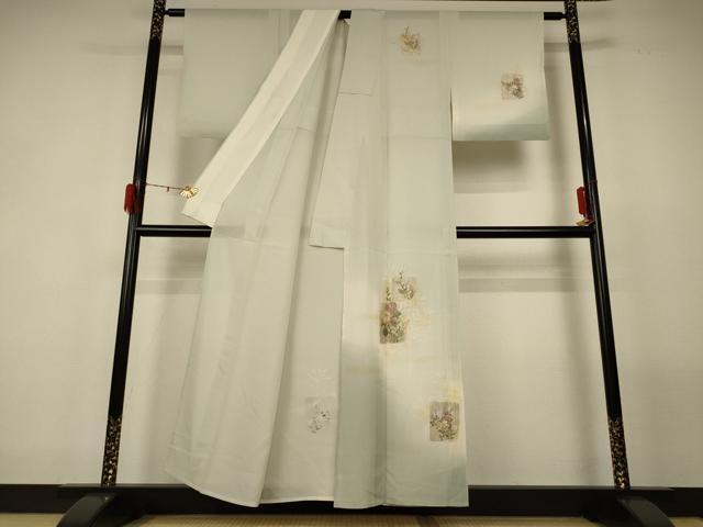 平和屋着物*夏物 訪問着 絽 手描き 色紙草花文 暈し染め 金彩 正絹 逸品 AABG2057jd