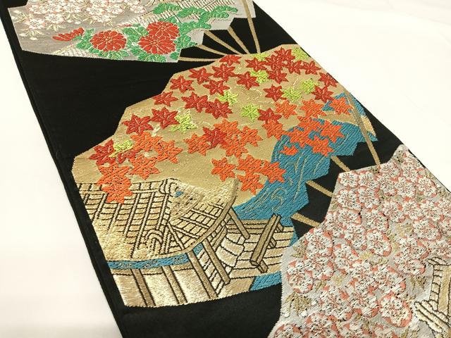 平和屋着物◎六通柄袋帯 唐織 扇面花文 黒地 金銀糸 正絹 逸品 AABG2094yx