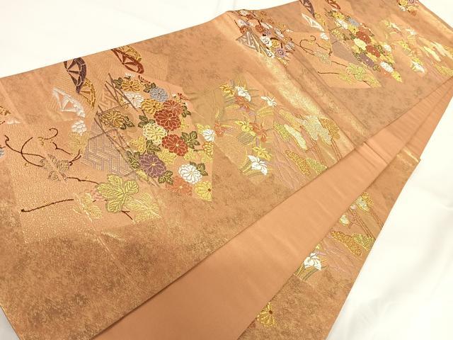 平和屋着物◎六通柄袋帯 唐織 色紙花文 金糸 正絹 逸品 AABG2135yx