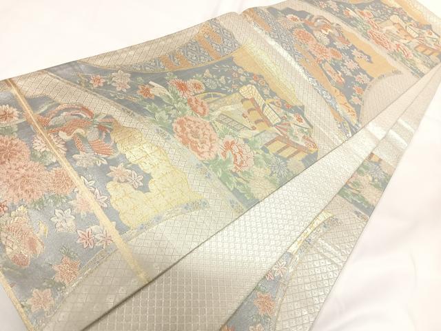 平和屋着物◎宝珠本佐賀錦 六通柄袋帯 九百錦 御所車花文 金銀糸 正絹 逸品 AABG2162yx