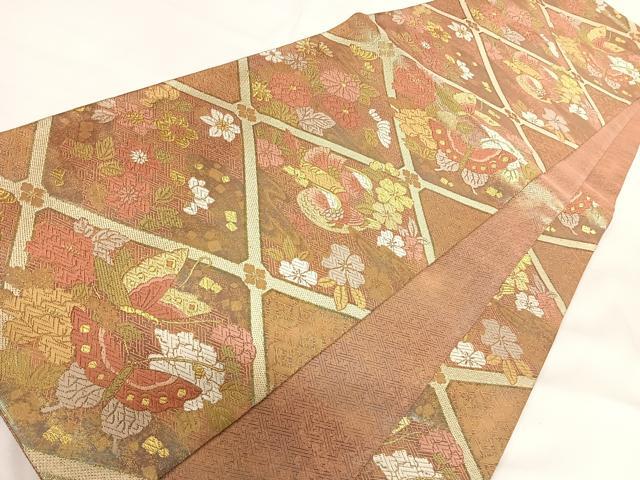 平和屋着物◎佐賀錦 六通柄袋帯 唐織 鴛鴦花文 金糸 正絹 逸品 AABG2194yx