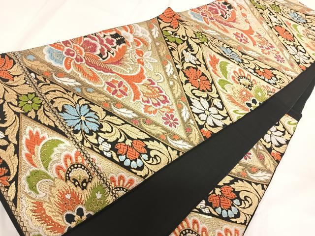 平和屋着物◎六通柄京袋帯 唐織 更紗花文 黒地 金糸 正絹 逸品 AABG2241yx