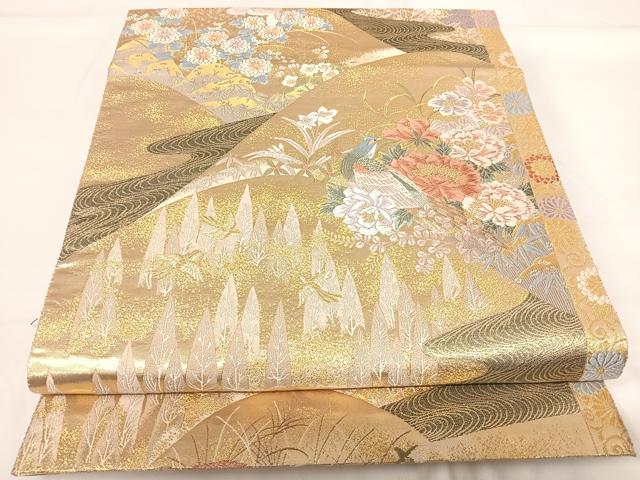 平和屋着物◎六通柄袋帯 唐織 遠山花鳥の薫 金糸 正絹 逸品 AABG2242yx