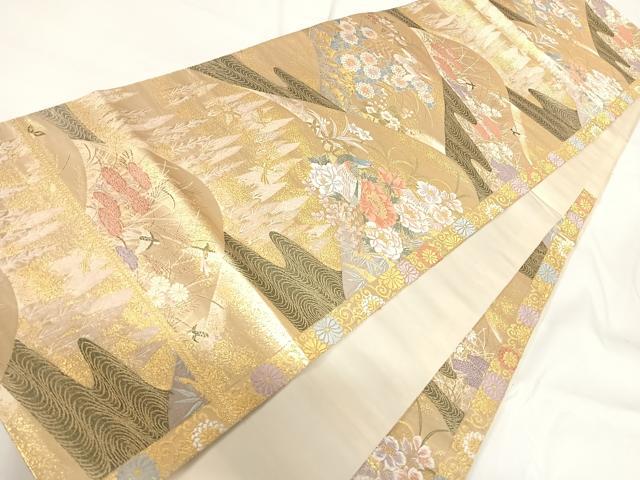 平和屋着物◎六通柄袋帯 唐織 遠山花鳥の薫 金糸 正絹 逸品 AABG2242yx