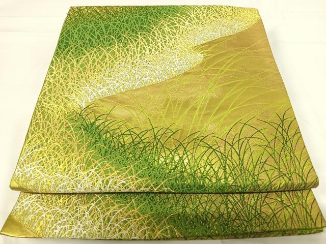 平和屋着物◎六通柄袋帯 唐織 芝草文 金糸 正絹 逸品 AABG2262yx