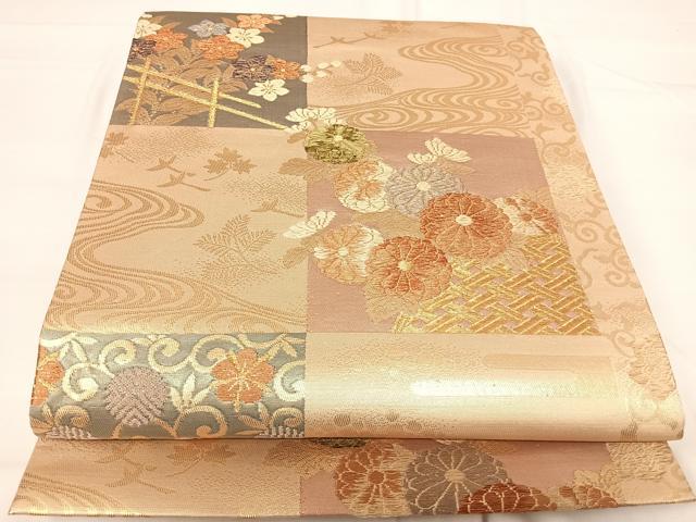 平和屋着物◎六通柄袋帯 色紙花文 金糸 正絹 逸品 AABG2266yx