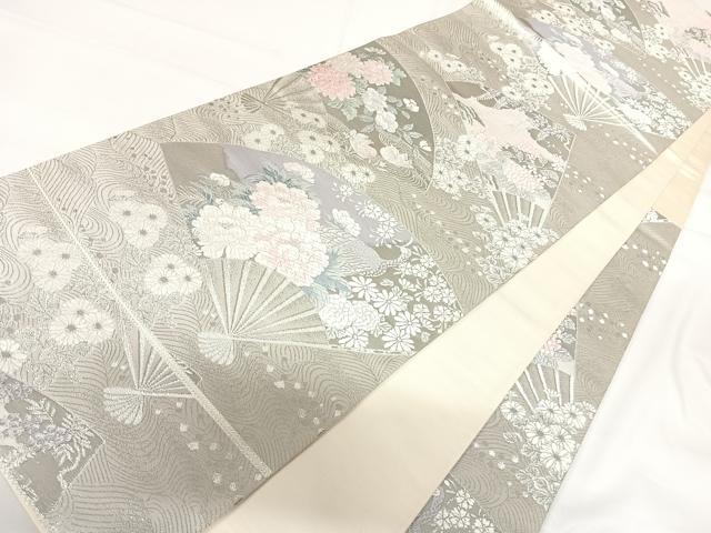 平和屋着物◎六通柄袋帯 唐織 九百錦 プラチナ二重箔 扇面花鳥文 正絹 逸品 AABG2269yx