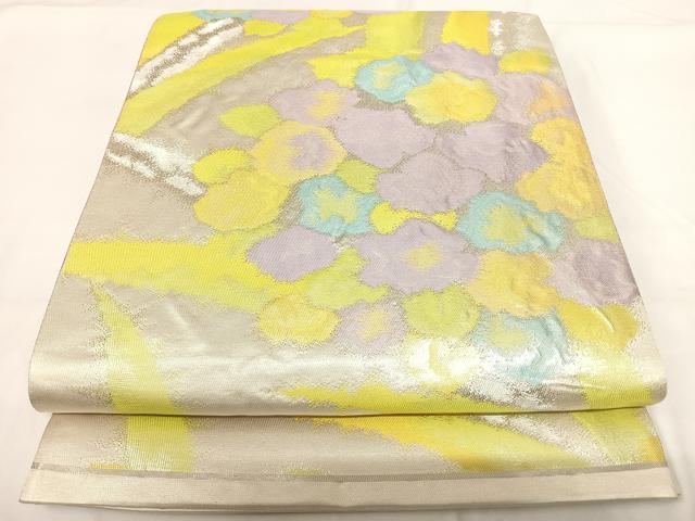 平和屋着物◎六通柄袋帯 草花文 銀糸 正絹 逸品 AABG2310yx