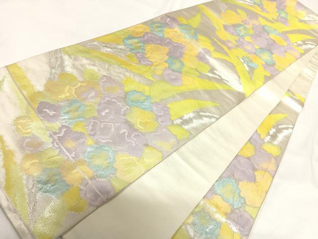 平和屋着物◎六通柄袋帯 草花文 銀糸 正絹 逸品 AABG2310yx