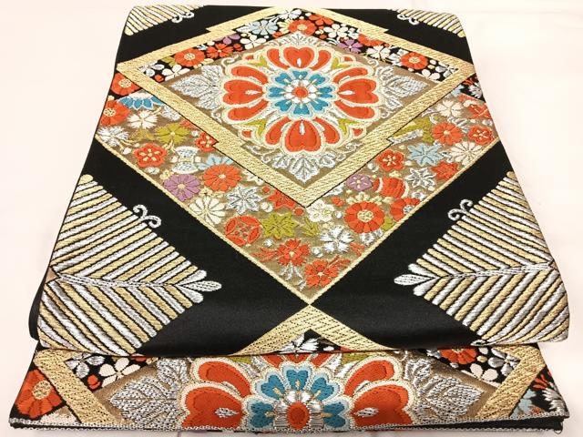平和屋着物◎六通柄京袋帯 唐織 松皮菱花文 黒地 金銀糸 正絹 逸品 AABG2317yx