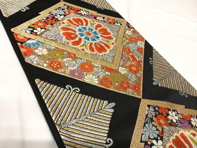 平和屋着物◎六通柄京袋帯 唐織 松皮菱花文 黒地 金銀糸 正絹 逸品 AABG2317yx