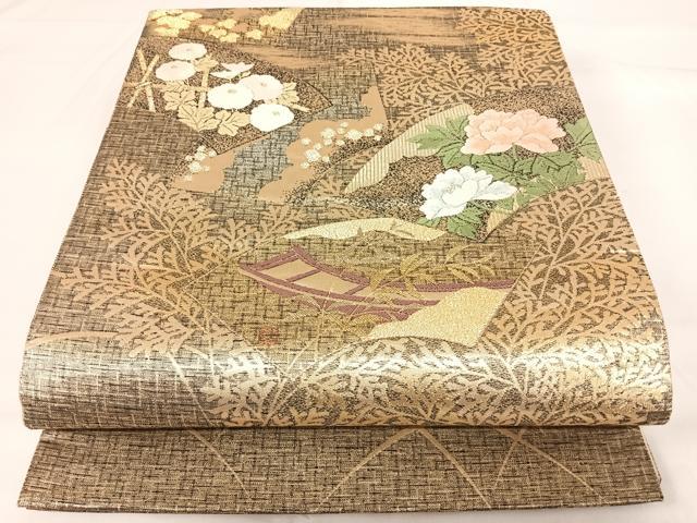 平和屋着物◎六通柄袋帯 唐織 地紙花文 金糸 正絹 逸品 AABG2325yx