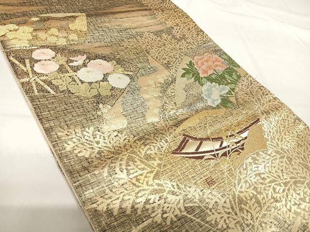 平和屋着物◎六通柄袋帯 唐織 地紙花文 金糸 正絹 逸品 AABG2325yx