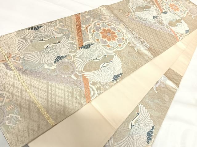 平和屋着物◎六通柄袋帯 唐織 向かい鶴花文 銀糸 正絹 逸品 AABG2345yx