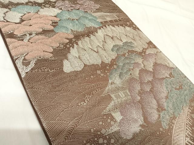 平和屋着物◎六通柄袋帯 九百緞子織 風景文 正絹 逸品 AABG2357yx