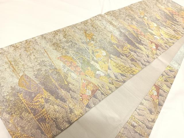 平和屋着物◎六通柄袋帯 唐織 紅松扇面の舞 金銀糸 正絹 逸品 AABG2365yx