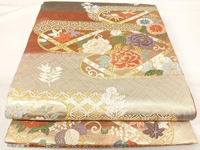 平和屋着物◎六通柄袋帯 唐織 エ霞花文 金糸 正絹 逸品 AABG2372yx