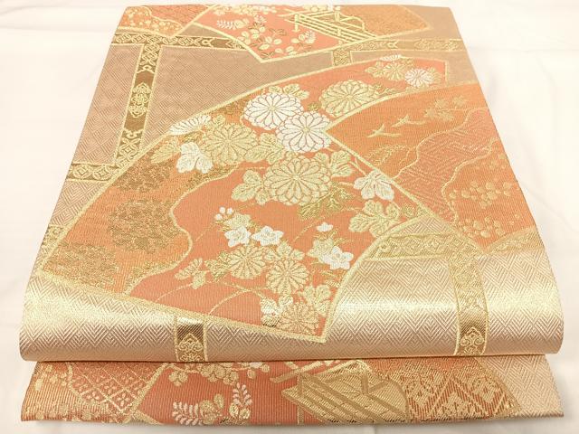 平和屋着物◎六通柄袋帯 地紙花文 金糸 正絹 逸品 AABG2379yx