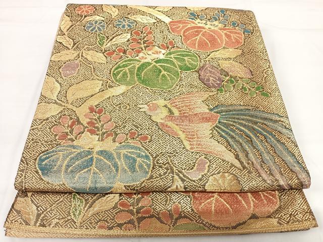 平和屋着物◎佐賀錦 六通柄袋帯 花鳥文 金糸 正絹 逸品 AABG2388yx