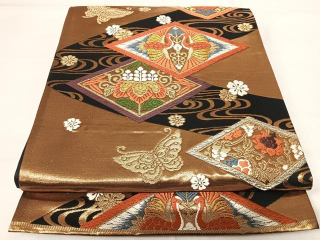 平和屋着物◎六通柄袋帯 唐織 双鶴花文 金銀糸 正絹 逸品 AABG2389yx