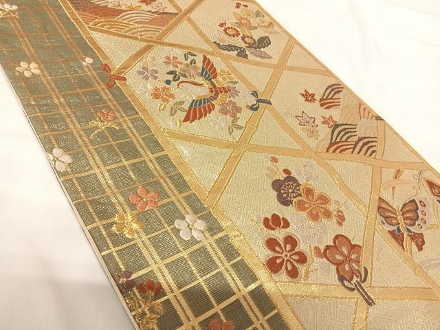 平和屋着物◎六通柄袋帯 唐織 花鳥文 金糸 正絹 逸品 AABG2391yx