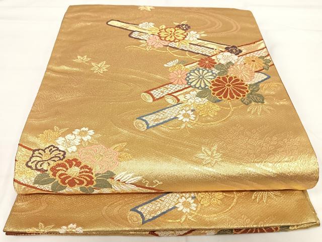 平和屋着物◎六通柄袋帯 唐織 流水花文 金糸 正絹 逸品 AABG2410yx