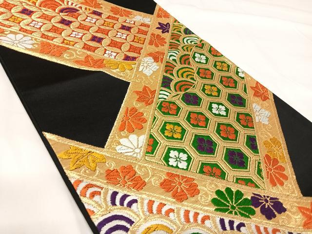 平和屋着物◎六通柄袋帯 唐織 吉祥花文 黒地 金糸 正絹 逸品 AABG2421yx