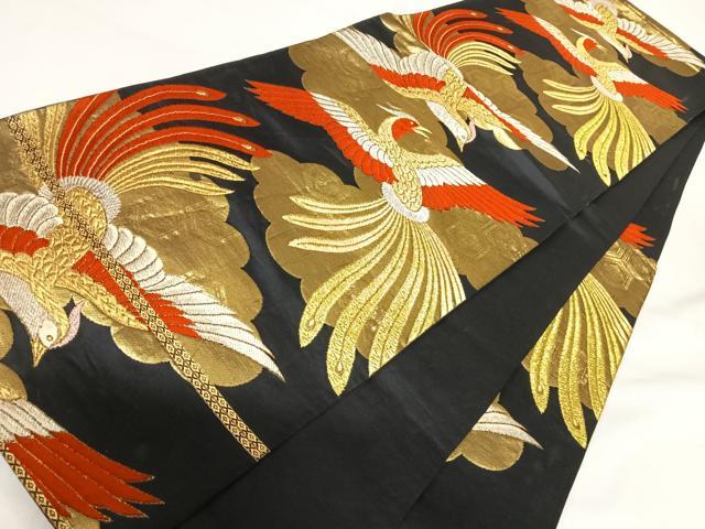 平和屋着物◎六通柄袋帯 唐織 都緞子 尾長鳥 黒地 金銀糸 正絹 逸品 AABG2422yx