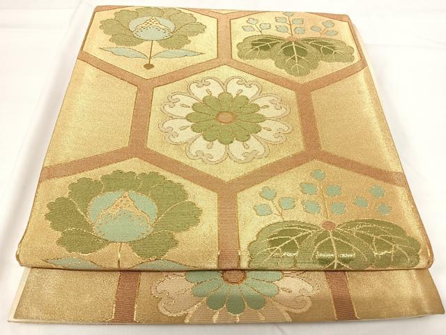 平和屋着物◎六通柄袋帯 亀甲花文 金糸 正絹 逸品 AABG2427yx