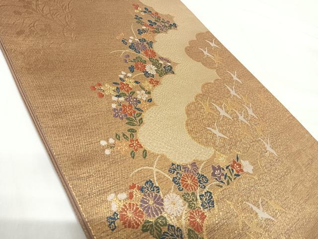 平和屋着物◎六通柄袋帯 雲取り花文 金糸 正絹 逸品 AABG2443yx