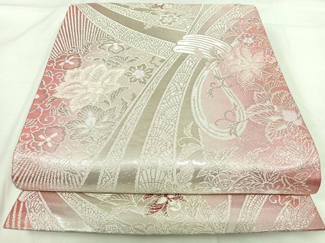 平和屋着物◎両面全通柄袋帯 更紗花文 銀糸 正絹 逸品 AABG2445yx