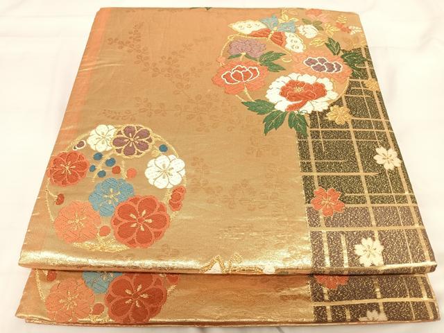 平和屋着物◎六通柄袋帯 唐織 花蝶丸文 金糸 正絹 逸品 AABG2458yx
