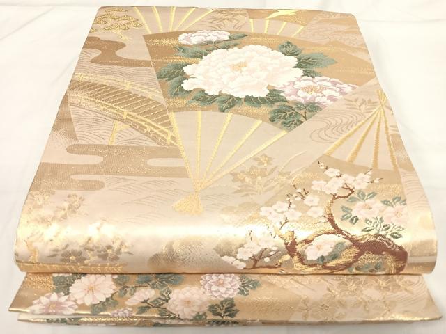 平和屋着物◎六通柄袋帯 唐織 扇花文 金糸 正絹 逸品 AABG2473yx