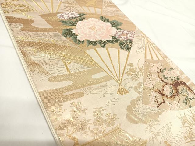 平和屋着物◎六通柄袋帯 唐織 扇花文 金糸 正絹 逸品 AABG2473yx