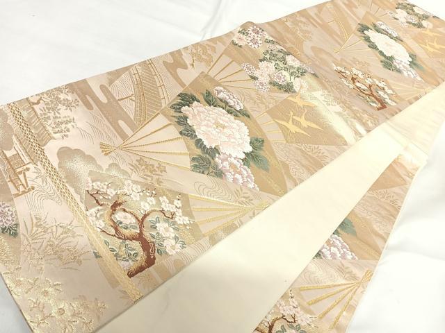 平和屋着物◎六通柄袋帯 唐織 扇花文 金糸 正絹 逸品 AABG2473yx