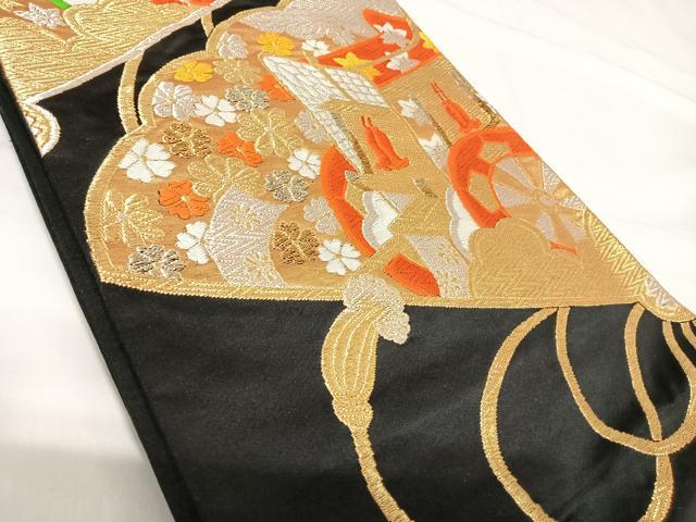 平和屋着物◎六通柄袋帯 唐織 吉祥文 黒地 金銀糸 正絹 逸品 AABG2478yx