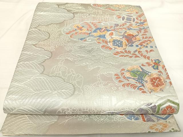 平和屋着物◎六通柄袋帯 唐織 吉祥文 銀糸 正絹 逸品 AABG2490yx