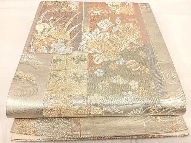 平和屋着物◎六通柄袋帯 短冊花文 金銀糸 正絹 逸品 AABG2513yx