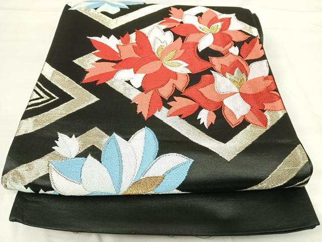 平和屋着物◎六通柄袋帯 舞花文 黒地 金銀糸 正絹 逸品 AABG2520yx