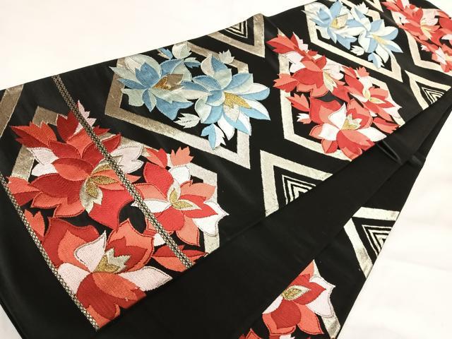 平和屋着物◎六通柄袋帯 舞花文 黒地 金銀糸 正絹 逸品 AABG2520yx