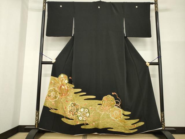 平和屋着物■豪華黒留袖 駒刺繍 鏡裏鳳凰花文 金彩 正絹 逸品 AABG2554ck