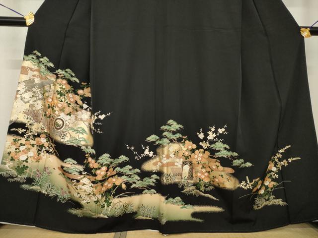 平和屋着物■豪華黒留袖 駒刺繍 風景花車文 金彩 正絹 逸品 AABG2565ck