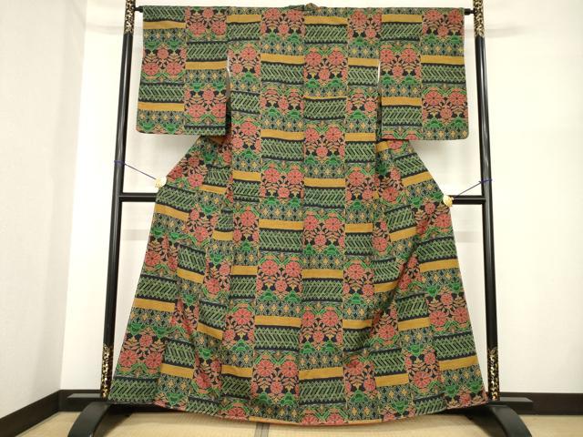 平和屋着物■上質な紬 幾何学花文 黒地 正絹 逸品 AABG2601ck